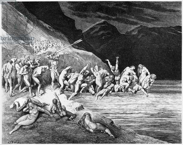 Charon, illustration from 'The Divine Comedy' (Inferno) by Dante Alighieri (1265-1321) Paris, published 1885 (engraving) (b/w photo) by Dore, Gustave (1832-83) (after)
